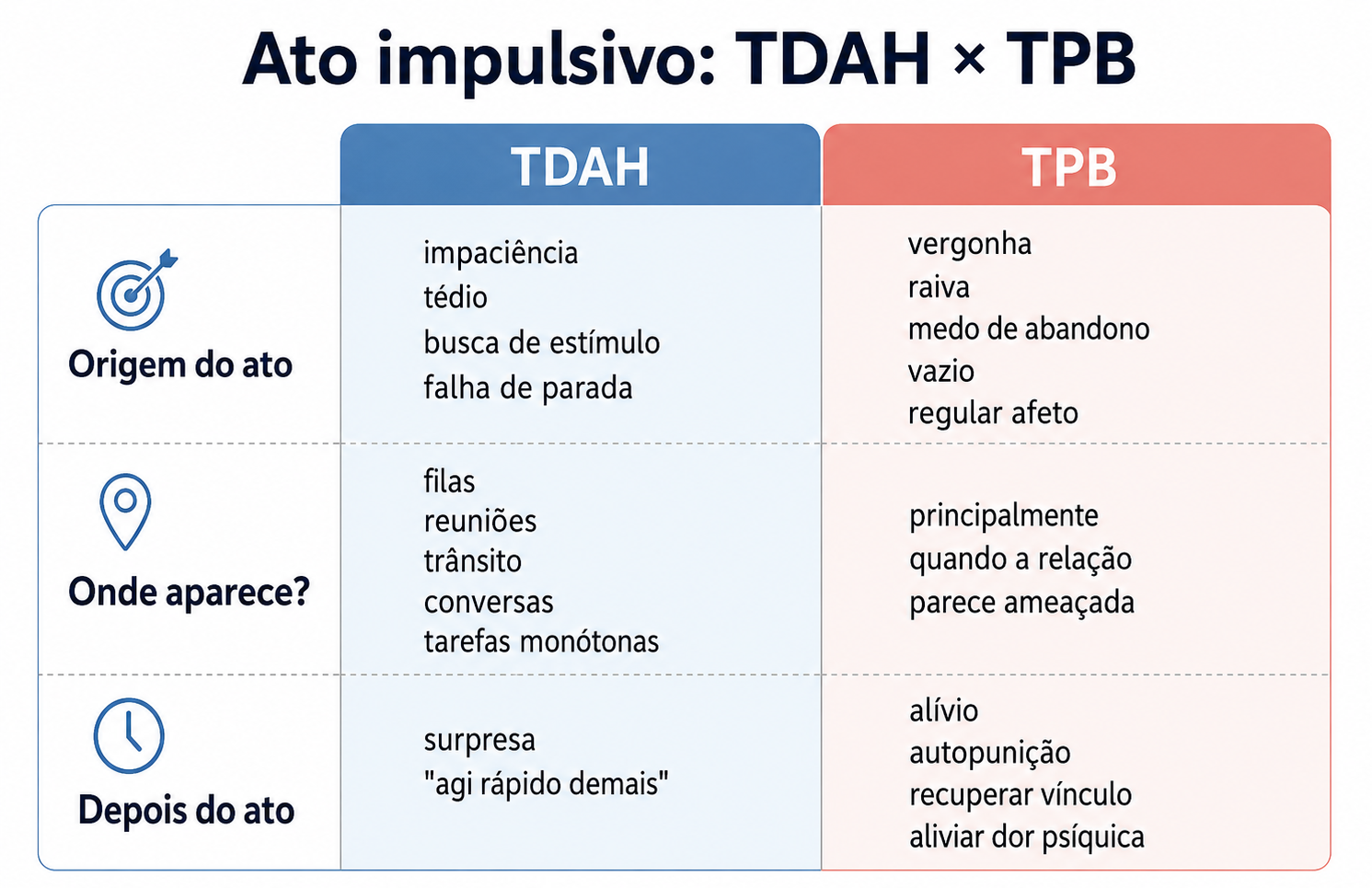 Quadro comparativo sobre origem, contexto e consequência do ato impulsivo no TDAH e no TPB